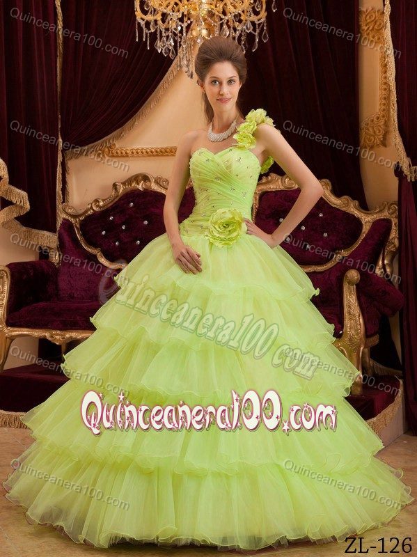 Yellow Green Princess One Shoulder Layered Ruffles Sweet 15 Dresses